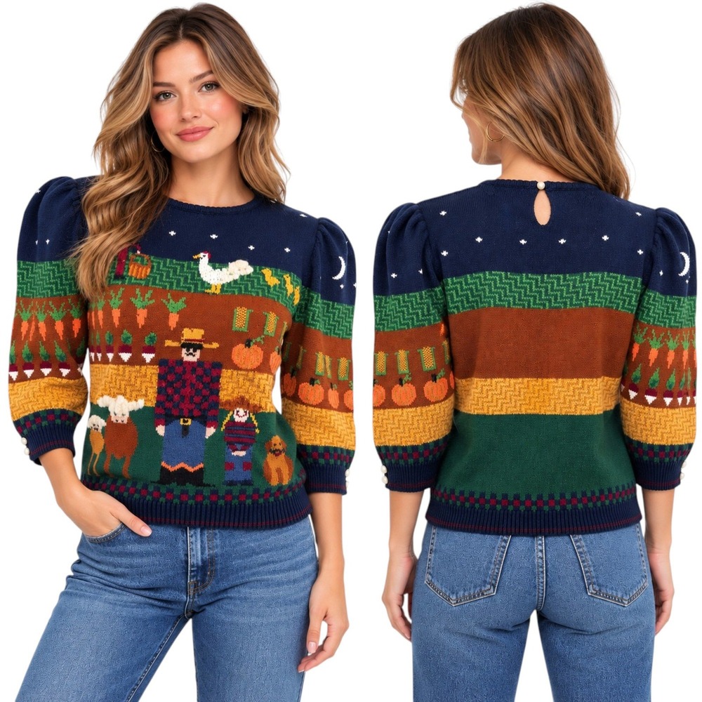 Bullocks Womens Sweater Farm Novelty Cotton Navy Puff Sleeve Vintage 80s Sz S